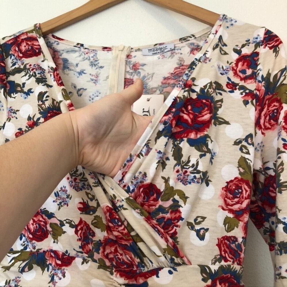 NEW NWT MEAVEOR Beige White Red Blue Floral Polka Dot Faux Wrap Dress Medium M - Picture 6 of 10